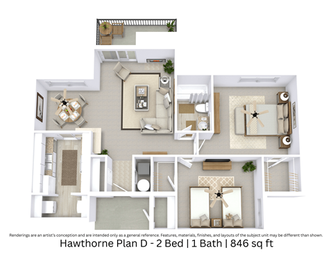 Floor plan for 2 beds, 1 bath, 846 sqft
